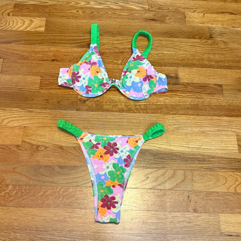 Women’s Medium Green Pink Flower Cheeky Bikini Swimsuit Set Beach Vacation Retro